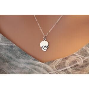 Sterling Silver Flat Skull Charm Necklace, Skull Necklace